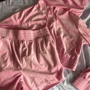 Pink velour short hoodie set bubble gum